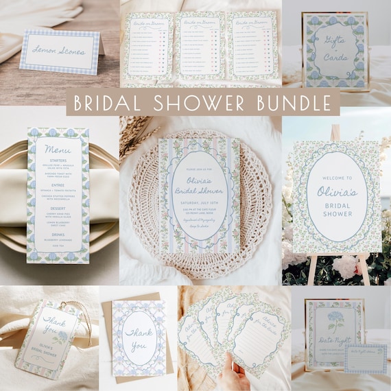 Vintage Bridal Shower Bundle Templates | Editable Pink and Blue Floral Grandmillenial Bridal Shower Package S847