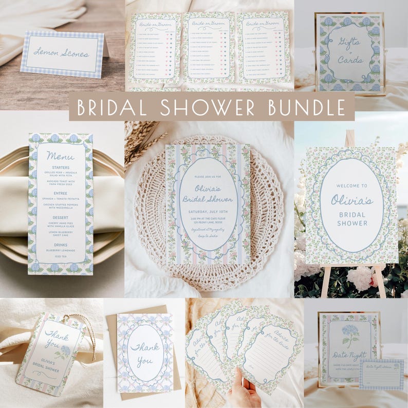 May include: A collection of bridal shower stationery with a floral and gingham design. The set includes invitations, menus, thank you cards, and signs. The color scheme is soft blue, green, and white, with a vintage aesthetic. The text "Bridal Shower Bundle" is displayed.
