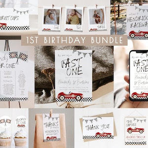 Race Car 1st Birthday Bundle Editable Template Package | Red Fast ONE First Birthday | Boy One Speedy Year Birthday Decor Set S439