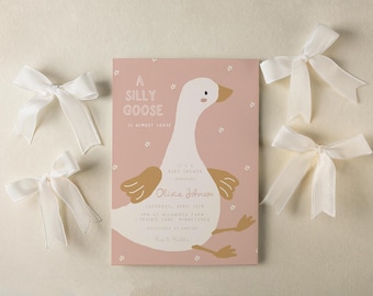Invitación para baby shower de Silly Goose - Plantilla editable / Hazlo tú mismo: Una niña con un ganso travieso casi suelta. Invitación imprimible para baby shower S825