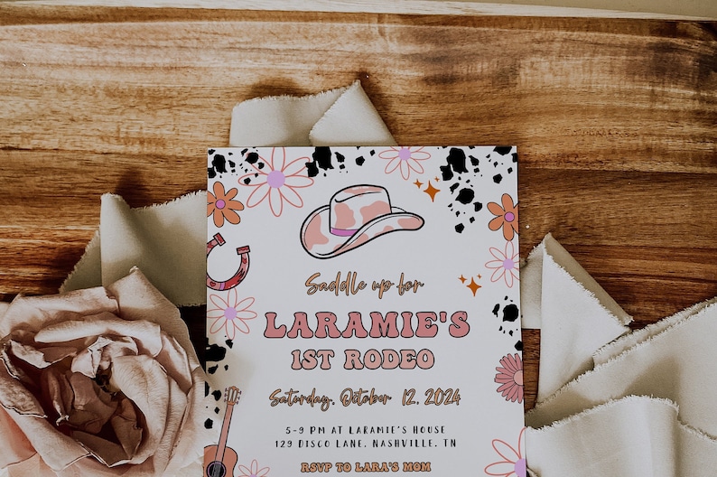 First Rodeo Flower Editable 1st Rodeo Birthday Invitation | Our Little Cowgirl is One Wild ...
