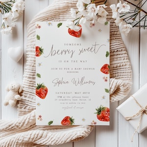 Strawberry Baby Shower Invitation Template | Editable DIY Berry Sweet Girl Baby Shower Invite | Strawberry It&#39;s a Girl Baby Shower S480