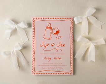 Sip and See Baby Shower Invitation Template | Editable Hand Drawn Baby Meet and Greet Baby Shower Invite S752