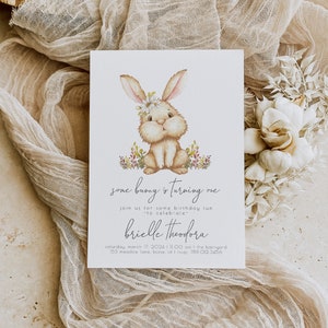 Some Bunny is turning One Birthday Invitation Template | Editable Girl Bunny 1st Bday Party Invite | Spring Printable Easter Rabbit S156