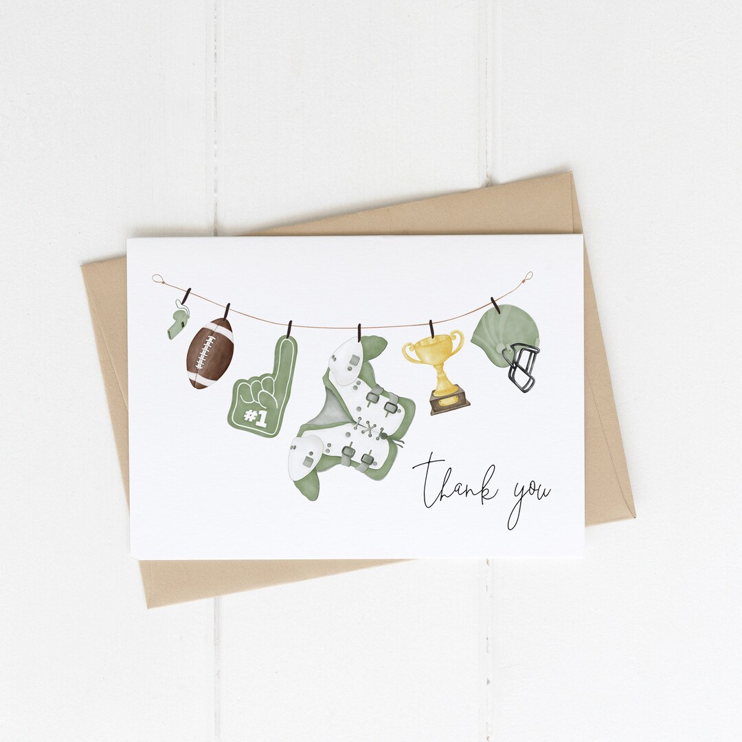 Football Thank You Card Template Green Rookie Year Birthday Party Editable Printable Thank You ...