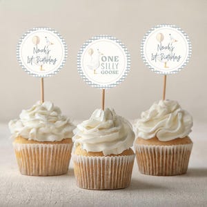 One Silly Goose Cupcake Toppers Template | Editable Printable Boy Goose 1st Birthday Party Cupcake Decor | Goose First Birthday S715