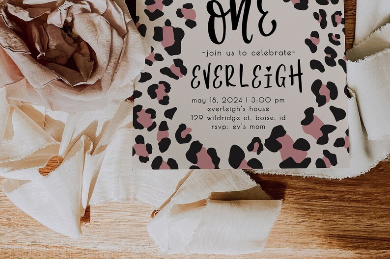 Wild One Girl 1st Birthday Invitation | Pink Leopard Birthday Invitation Editable Template | First Bday Invite Safari Cheetah Invite S242 image 8