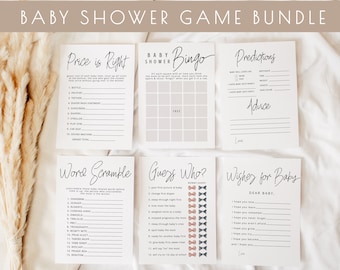 Baby Shower Game Bundle Templates | Editable Minimalist Black and White Baby Bingo, Word Scramble, Predictions + Advice, Wishes, Guess Who