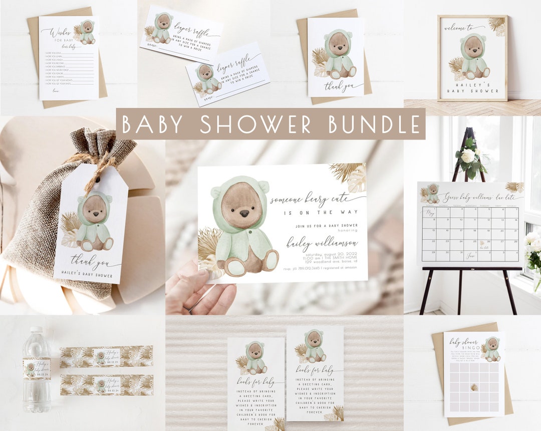 Green Bear Baby Shower Editable Invitation Package Template - Etsy