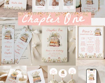 Chapter One 1st Birthday Bundle - Editable One for the Books Birthday Template Package - Digital Downloads S776