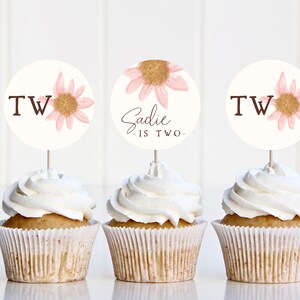 Wildflower Cupcake Toppers Template | Editable Pink Little Wildflower Printable 2nd Birthday Cupcake Decor | Baby in Bloom S447