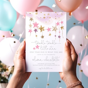 Twinkle Twinkle Geburtstagseinladung | Little Star Girl 1st Bday Einladen bearbeitbare Vorlage | Ein Jahr alt ist was ihr seid S604