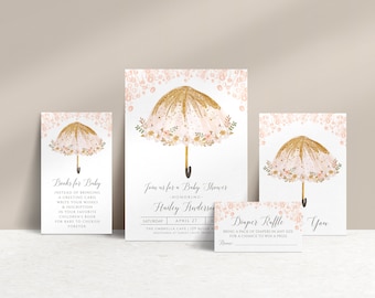 April Showers Baby Shower Bundle Editable Invitation, Diaper Raffle Books for Baby Templates Pink Umbrella Baby Sprinkle | S223