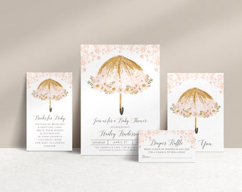 April Showers Baby Shower Bundle Editable Invitation, Diaper Raffle Books for Baby Templates Pink Umbrella Baby Sprinkle | S223