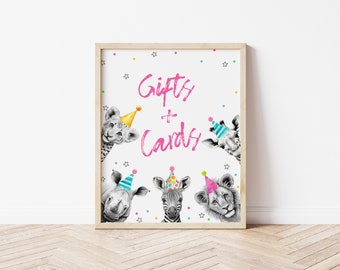 Party Animals Birthday Gifts + Cards Sign | Editable Calling All Party Animals Birthday Party Welcome Decor Sign Template for Girl S595