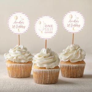 One Silly Goose Cupcake Toppers Template | Editable Printable Girl Goose 1st Birthday Party Cupcake Decor | Goose First Birthday S716