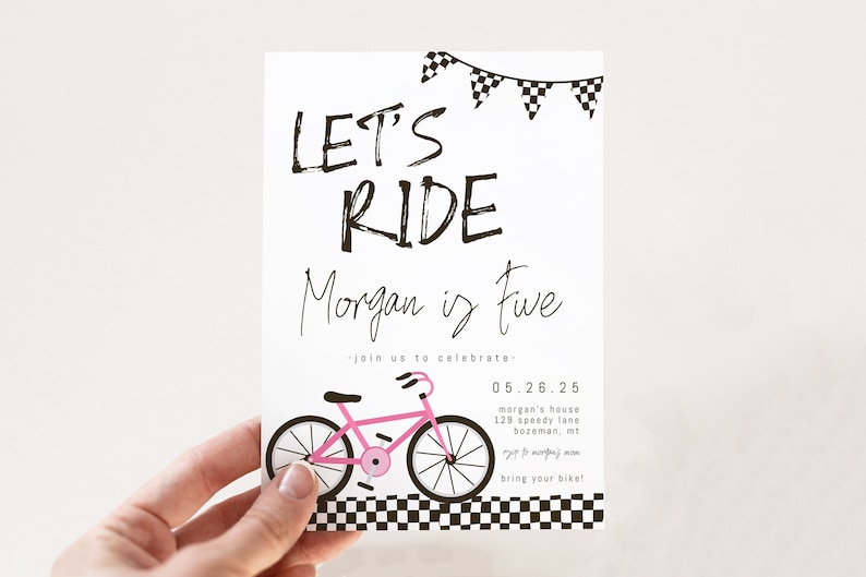 Bicycle Birthday Invitation Template for Girl Editable Pink - Etsy