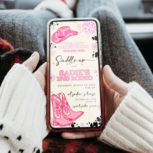 Editable 2nd Rodeo Birthday Text Invitation Template | Hot Pink Cowgirl Second Birthday Party E-Invite | Disco Rodeo Western Invite S536