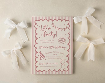 May include: A birthday party invitation with pink and white stripes and the text "Let's Party!" is surrounded by four white satin bows. The invitation includes details for Olivia's 30th birthday, including the date, time, and location.