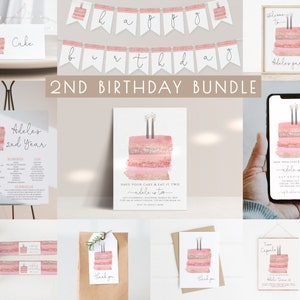 2nd Birthday Bundle for Girl Editable Template Set | Have Your Cake and Eat it TWO Second Birthday Invite & Decor Package S170