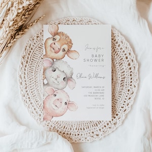 Bearbeitbare Bauernhof-Babypartyeinladung - DIY-Vorlage | Baby Bauernhof Tiere Babyparty einladen | Kuh Schwein Lamm Dusche S151