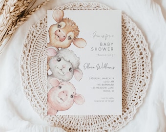 Editable Farm Baby Shower Invitation - DIY Template | Baby Farm Animals Baby Shower Invite | Cow Pig Lamb Shower S151