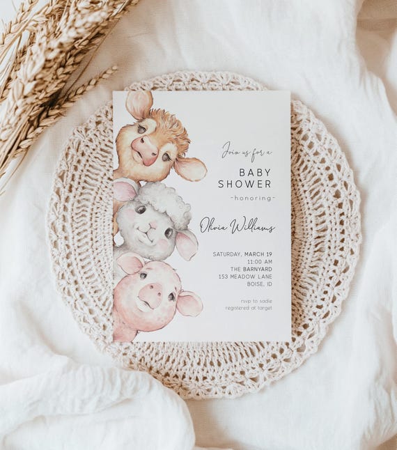 Editable Farm Baby Shower Invitation - DIY Template | Baby Farm Animals Baby Shower Invite | Cow Pig Lamb Shower S151
