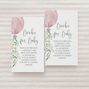 Roze ballonboeken voor babykussen | Babyshower voor meisjes Stock the Library afdrukbare | Bewerkbare sjabloon | Neem een boek mee | S110