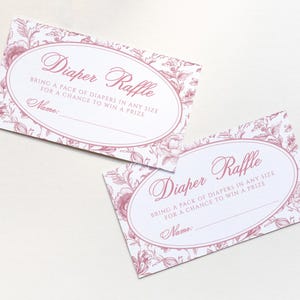 Chinoiserie Windel Lotterielos Vorlage | Bearbeitbare Mädchen Rosa Toile de Jouy Bringen Sie eine Buch-Babyparty-Karte S787