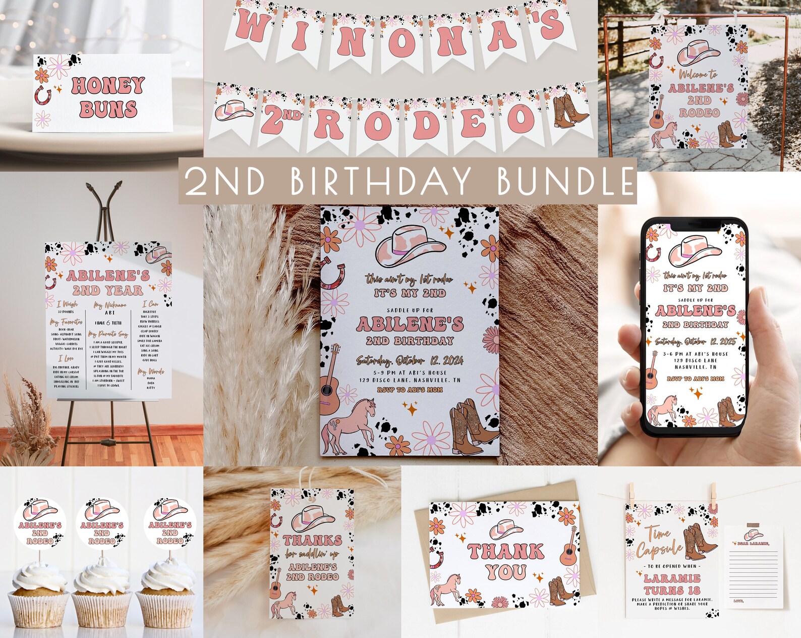 Girl 2nd Rodeo Birthday Bundle Editable Template Set | Space Cowgirl ...