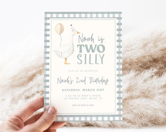Two Silly Goose Birthday Invitation Template | Editable Boy 2nd Birthday Blue Printable Invite | Goose Second Birthday S715