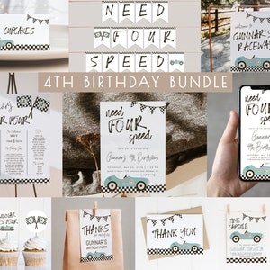 Need FOUR Speed Birthday Bundle Editable Template Package | Race Car 4th Birthday | Boy Need 4 Speed Fourth Birthday Decor Set S437