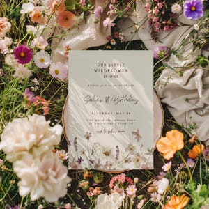 Wildflower Birthday Invitation Template | Editable Our Little Wild Flower is One Girl First Birthday Floral 1st Bday Invite S457