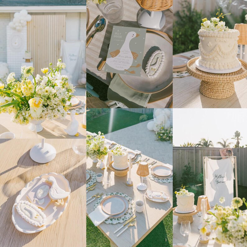 Op de afbeelding: Een baby shower tafeldecoratie met een witte taart versierd met witte glazuur en een rieten taartstandaard. De tafel is gedecoreerd met witte borden, gouden bestek en een groen en wit bloemstuk. De tafel is gedekt voor een baby shower met een wit en groen thema.