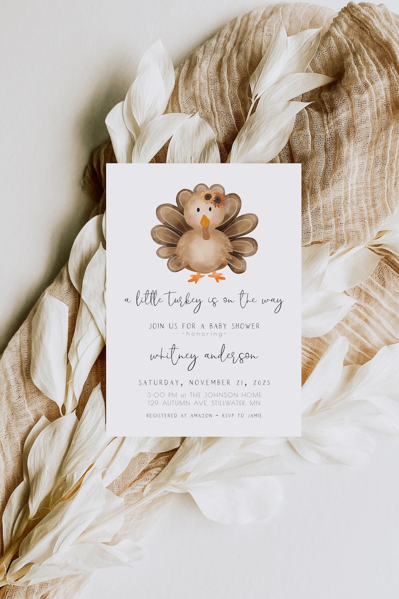 editable girl little turkey baby shower invitation template