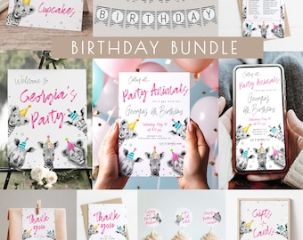 Girl Party Animals Birthday Bundle Editable Invitation Template Set | Calling All Party Animals Birthday Decor Package S595