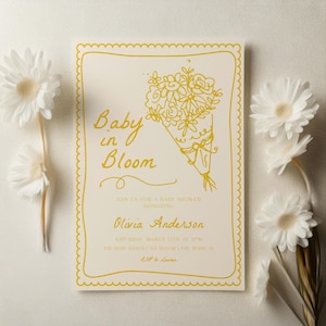 Baby in Bloom Baby Shower Invitation Template | Editable Hand Drawn Gender Neutral Baby in Bloom Flower Bouquet Baby Shower Invite S772