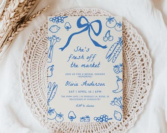 Fresh Off the Market Bridal Shower Invitation Template | Editable Off the Market Hand Drawn Farmer's Market Wedding Shower Invite S792