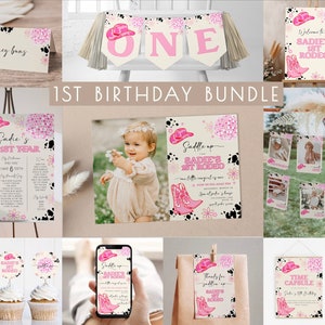 Cowgirl 1st Birthday Bundle | Editable 1st Rodeo Invitation & Decor Template Set | Cowgirl Western First Rodeo Birthday Package S536