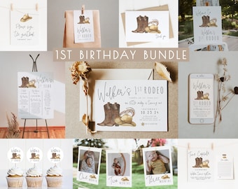 1st Rodeo Birthday Bundle Editable Templates | Cowboy Western First Rodeo Birthday Invitation Decor Package S229