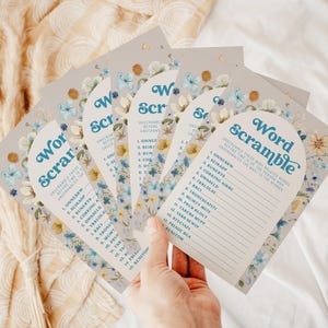 Szablon gry Baby in Bloom Word Scramble | Edytowalna gra Little Wildflower is On The Way Boy Baby Shower S799