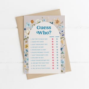Baby in Bloom Guess Who-spelsjabloon | Bewerkbaar Een kleine wilde bloem is onderweg Jongen Babyshower Mama of papa Game S799