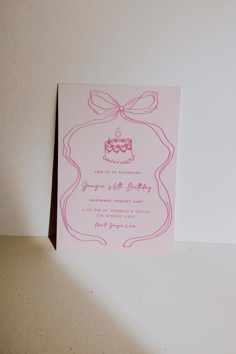 May include: Pink birthday invitation featuring a hand-drawn illustration of a cake with a candle and a bow. The text reads "Join us to celebrate Georgia's 6th Birthday, Saturday, August 21st, 5:00 PM at Georgia's House, 129 Ribbon Lane, Love Georgia's Mum."