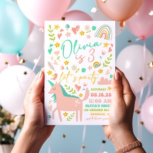 Editable Unicorn Birthday Invitation | Rainbow Unicorn Birthday Party Invite Template | Girl Magical Unicorn Birthday Party S526