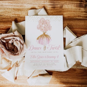 Ballerina Birthday Invitation Template | Editable Dance and Twirl Girl Birthday Party Printable Invite | Pink and Gold Ballet Dance S225