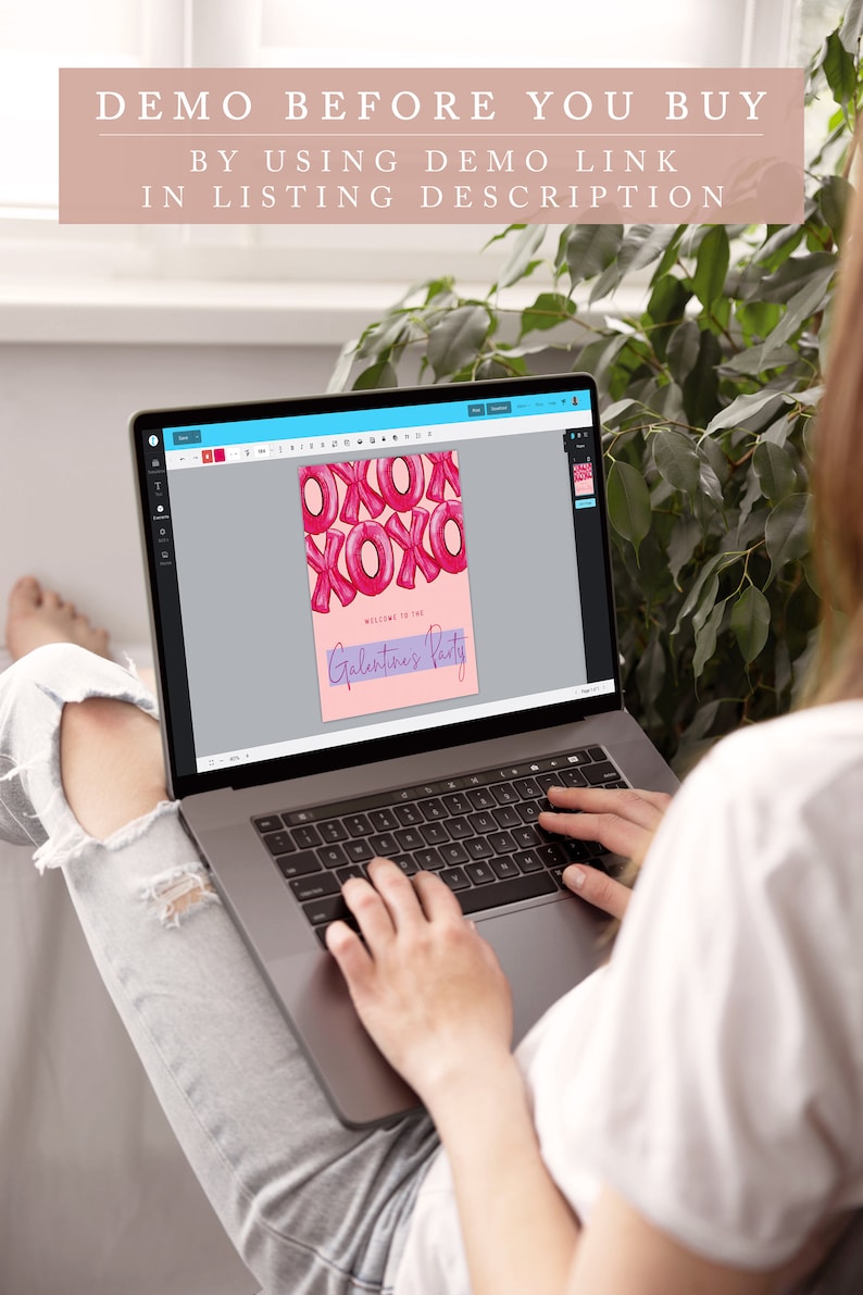 May include: A laptop computer displaying a digital design for a Galentine's party invitation. The design features pink and red XOXO balloons with a purple and pink banner that says "Welcome to the Galentines Party".