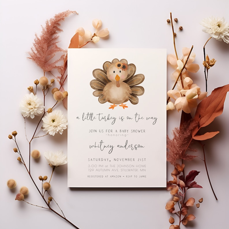 editable girl little turkey baby shower invitation template