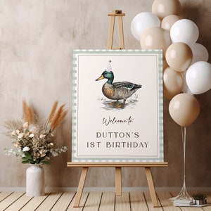 One Lucky Duck Birthday Welcome Sign Template | Editable Green Duck First Birthday Party Decor | Little Duck Baby Shower Sign S585
