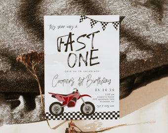 Plantilla editable de invitación para el primer cumpleaños de una moto de cross / Invitación de cumpleaños de Red Fast ONE / Invitación de primer cumpleaños para niño de One Speedy Year S493