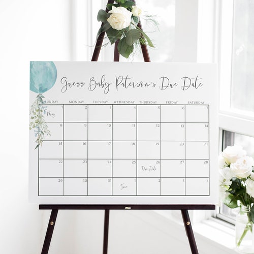Baby Shower Due Date Calendar Game Printable Greenery Guess Sites 